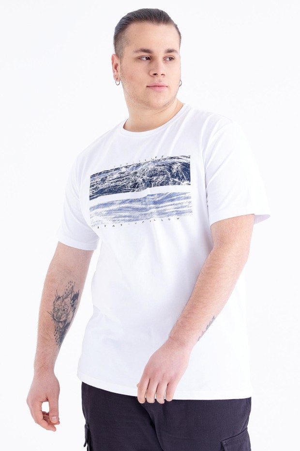 Beyaz Baskılı O Yaka Büyük Beden Erkek T-shirt - 88073