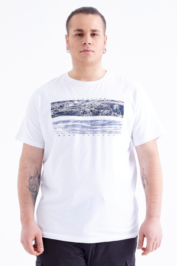 Beyaz Baskılı O Yaka Büyük Beden Erkek T-shirt - 88073