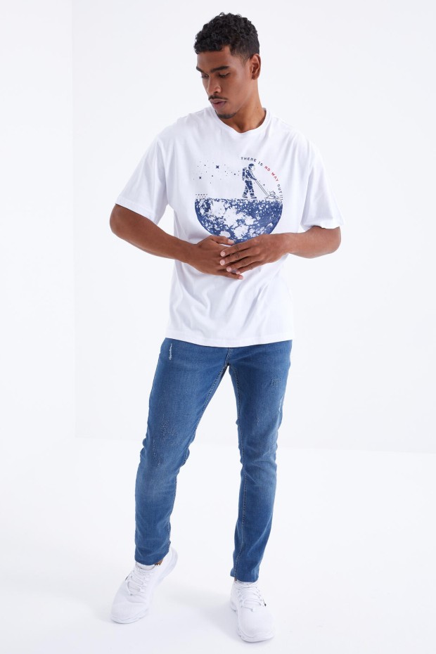 Beyaz Baskılı O Yaka Erkek Oversize T-Shirt - 88098