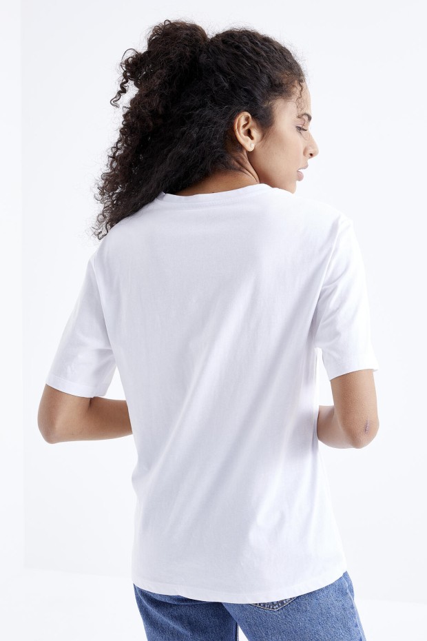 Beyaz Baskılı O Yaka Oversize Kadın T-Shirt - 97210