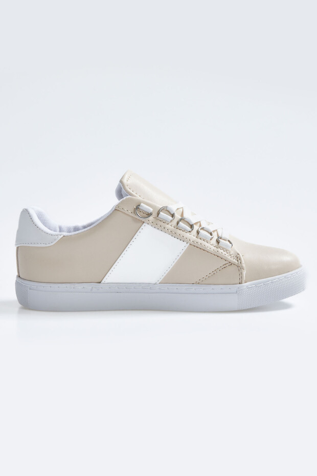 Beyaz - Bej Bağcıklı Şerit Detaylı Suni Deri Kadın Spor Ayakkabı - 89202