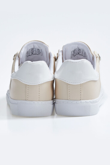 Beyaz - Bej Bağcıklı Şerit Detaylı Suni Deri Kadın Spor Ayakkabı - 89202 - Thumbnail