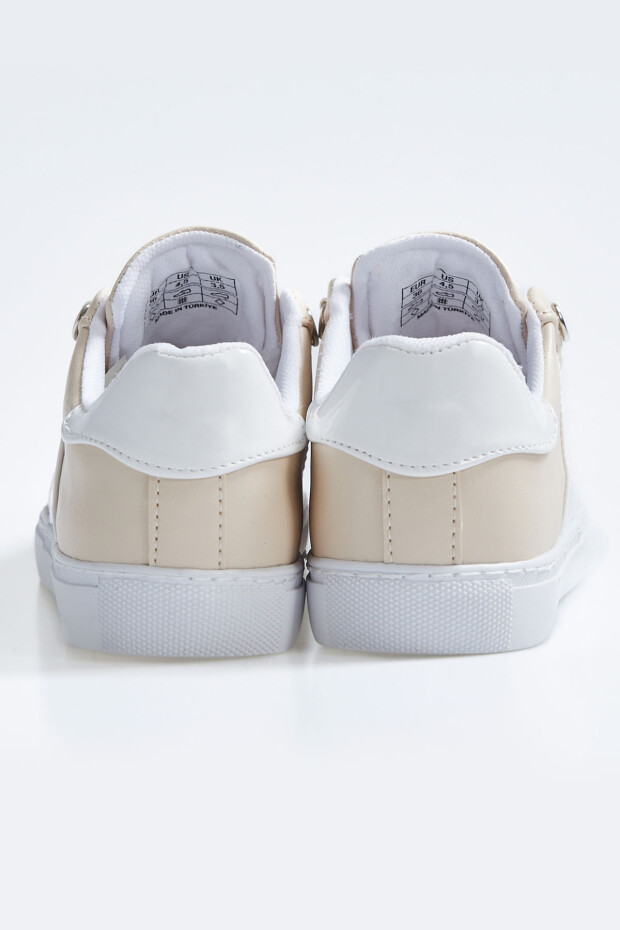Beyaz - Bej Bağcıklı Şerit Detaylı Suni Deri Kadın Spor Ayakkabı - 89202