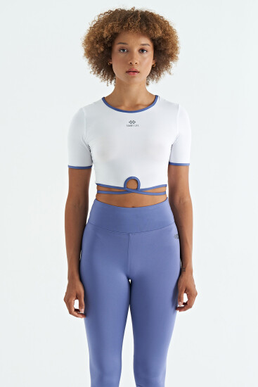 Beyaz Bel Bağlama Detaylı O Yaka Standart Kalıp Dalgıç Kumaş Kadın Crop T-Shirt - 97266 - TOMMYLIFE (1)