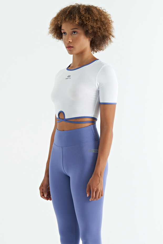 Beyaz Bel Bağlama Detaylı O Yaka Standart Kalıp Dalgıç Kumaş Kadın Crop T-Shirt - 97266 - 3