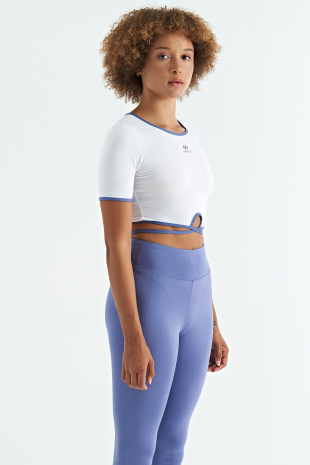Beyaz Bel Bağlama Detaylı O Yaka Standart Kalıp Dalgıç Kumaş Kadın Crop T-Shirt - 97266 - 4