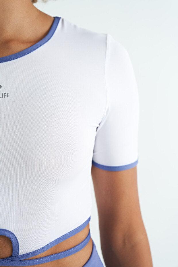 Beyaz Bel Bağlama Detaylı O Yaka Standart Kalıp Dalgıç Kumaş Kadın Crop T-Shirt - 97266 - 5