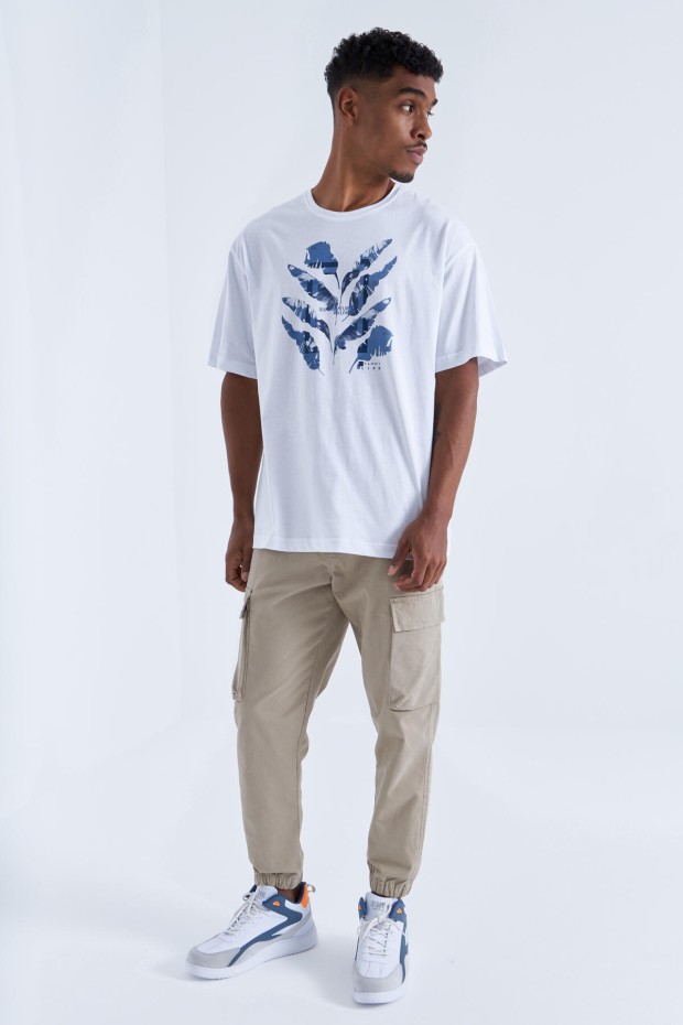 Beyaz Büyük Baskılı O Yaka Erkek Oversize T-Shirt - 88092
