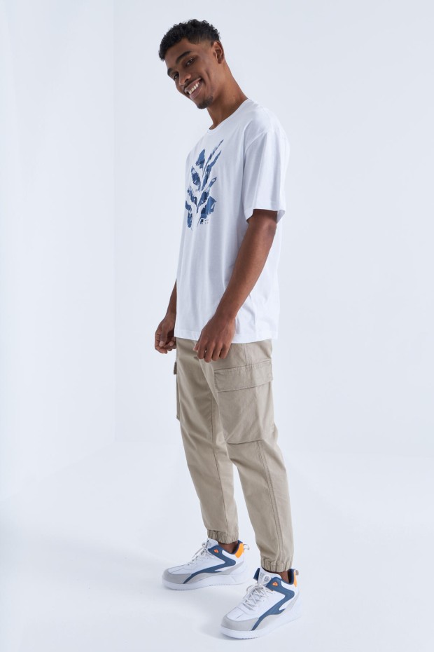 Beyaz Büyük Baskılı O Yaka Erkek Oversize T-Shirt - 88092
