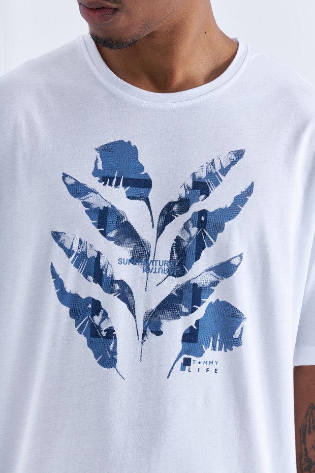 Beyaz Büyük Baskılı O Yaka Erkek Oversize T-Shirt - 88092