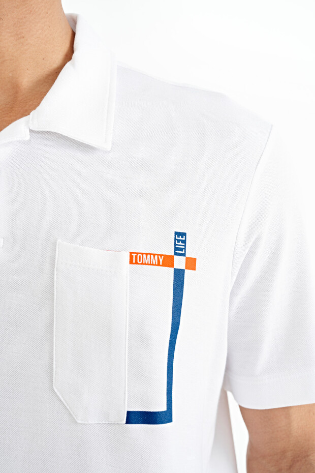 Beyaz Cep Detaylı Baskılı Standart Kalıp Polo Yaka Erkek T-Shirt - 88241