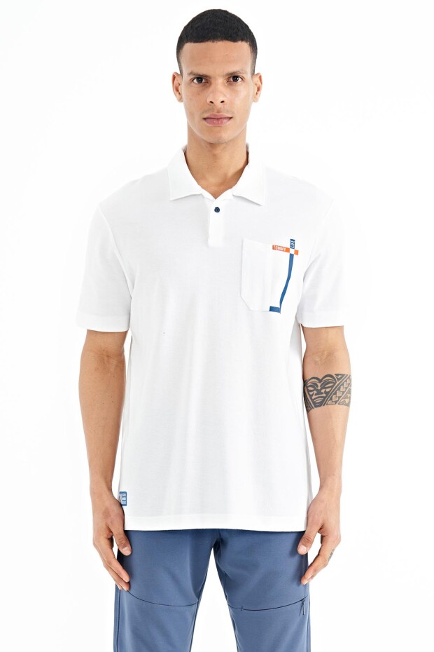 Beyaz Cep Detaylı Baskılı Standart Kalıp Polo Yaka Erkek T-Shirt - 88241