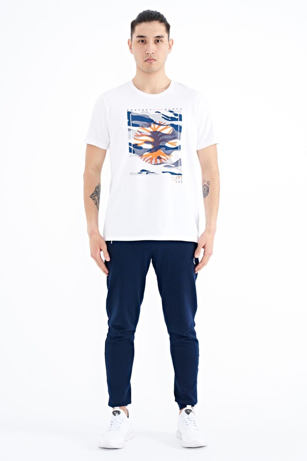 Beyaz Desen Baskılı O Yaka Standart Kalıp Erkek T-Shirt - 88232
