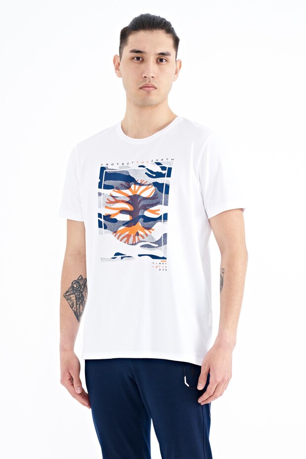 Beyaz Desen Baskılı O Yaka Standart Kalıp Erkek T-Shirt - 88232