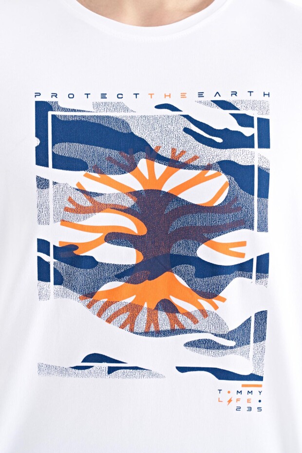 Beyaz Desen Baskılı O Yaka Standart Kalıp Erkek T-Shirt - 88232