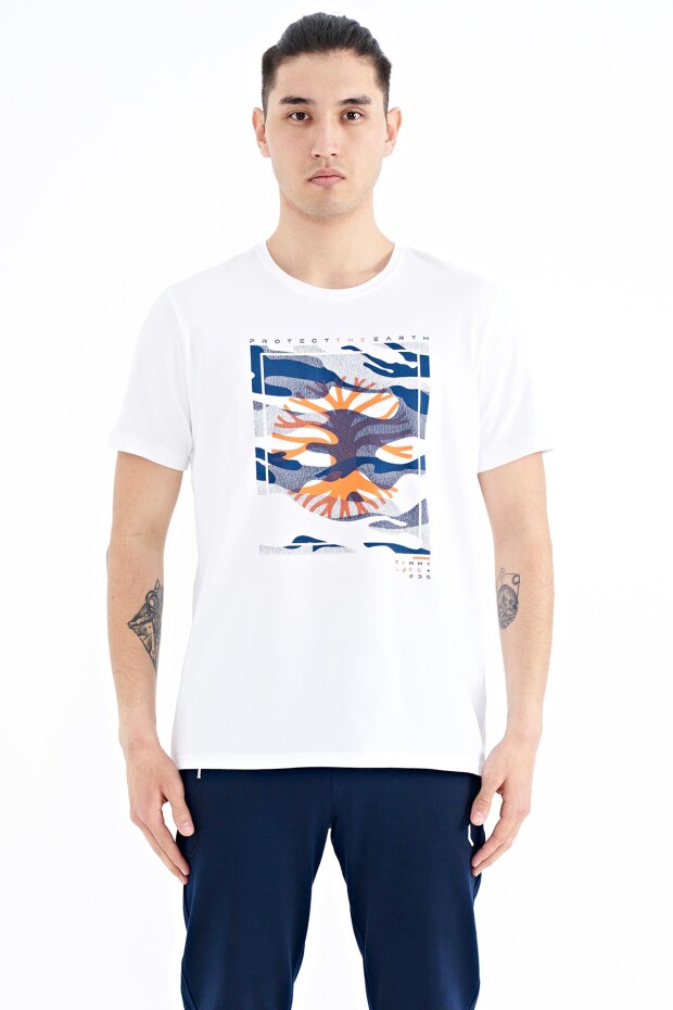 Beyaz Desen Baskılı O Yaka Standart Kalıp Erkek T-Shirt - 88232