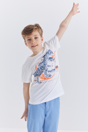 Beyaz Dinazor Baskılı Kısa Kol Standart Kalıp O Yaka Erkek Çocuk T-Shirt - 10865 