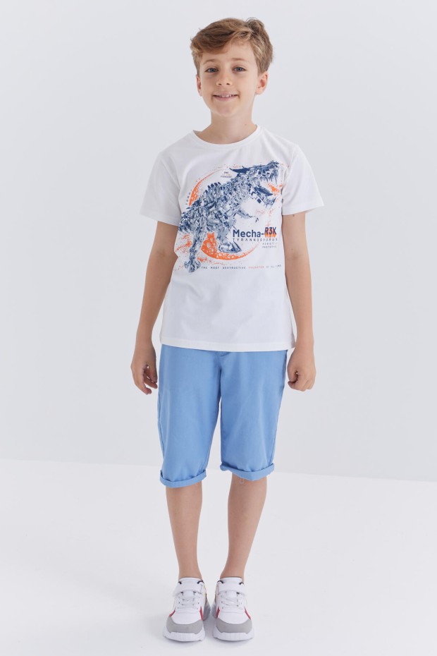 Beyaz Dinazor Baskılı Kısa Kol Standart Kalıp O Yaka Erkek Çocuk T-Shirt - 10865