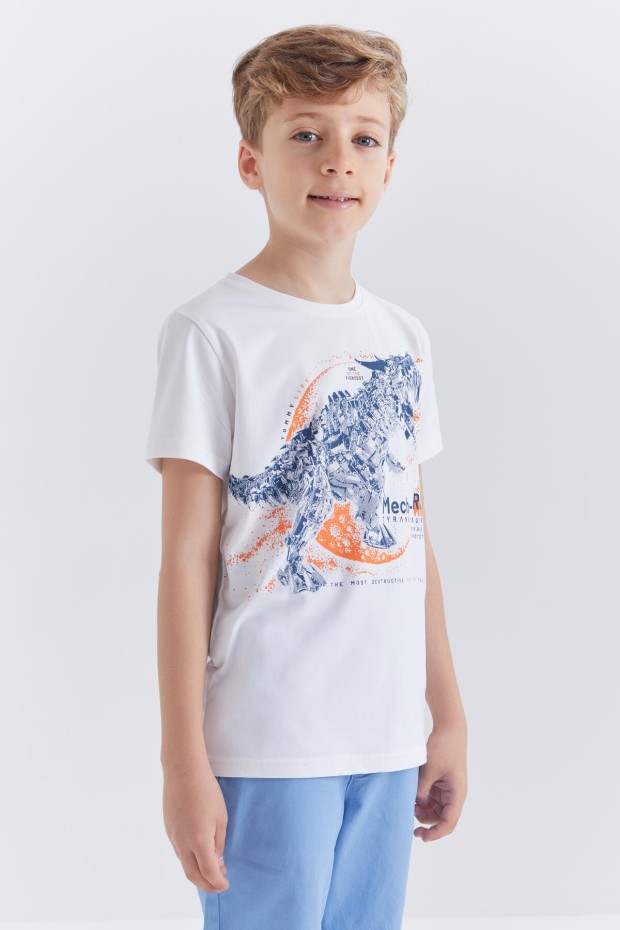 Beyaz Dinazor Baskılı Kısa Kol Standart Kalıp O Yaka Erkek Çocuk T-Shirt - 10865