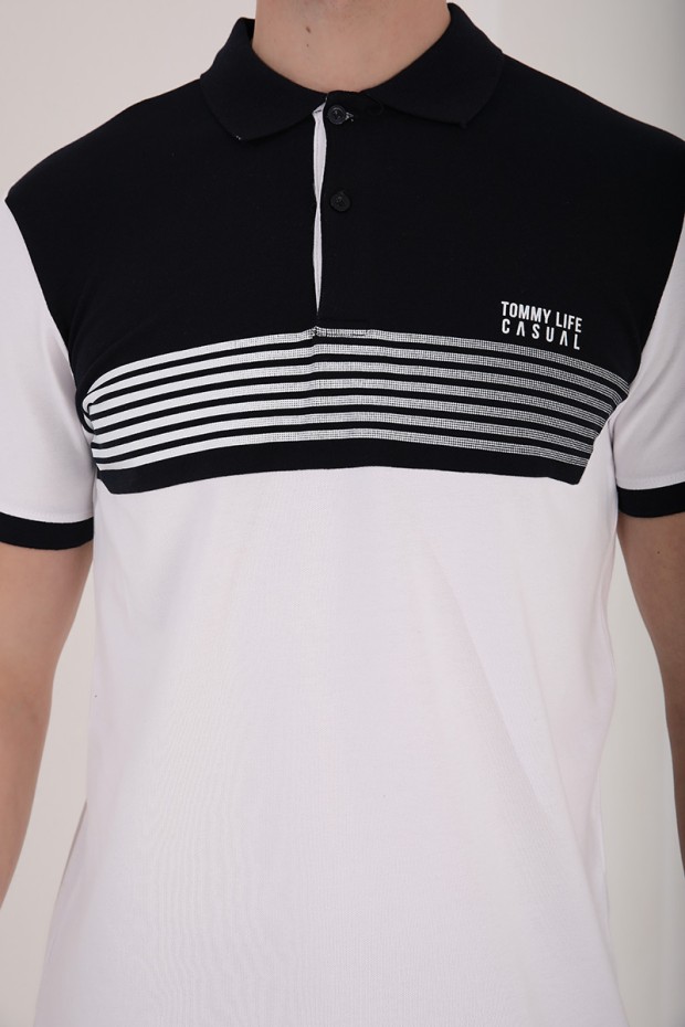 Beyaz Çift Renk Göğüs Baskılı Standart Kalıp Triko Polo Yaka Erkek T-Shirt - 87939