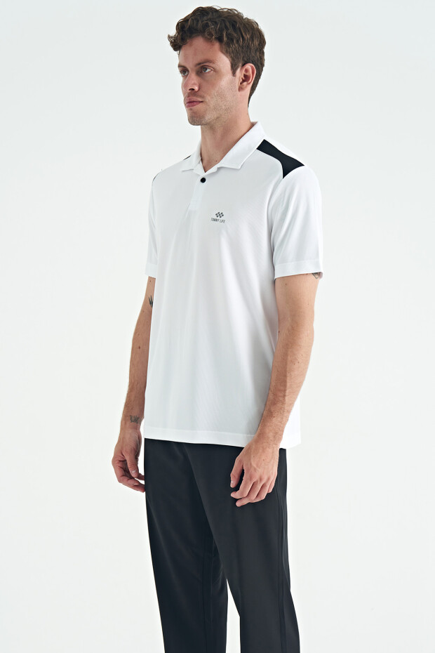 Beyaz Garni Detaylı Polo Yaka Standart kalıp Aktif Spor Erkek T-Shirt - 88250