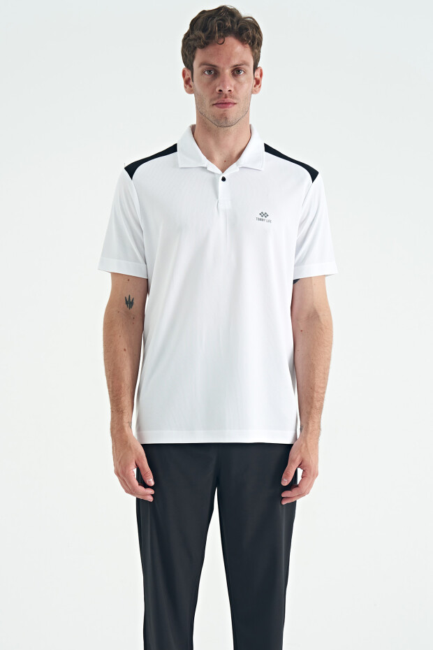 Beyaz Garni Detaylı Polo Yaka Standart kalıp Aktif Spor Erkek T-Shirt - 88250