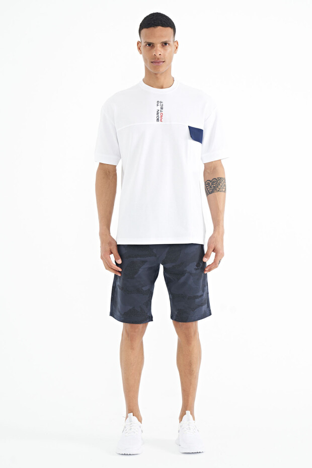 Beyaz Gizli Cep Detaylı Baskılı Oversize Erkek T-shirt - 88244
