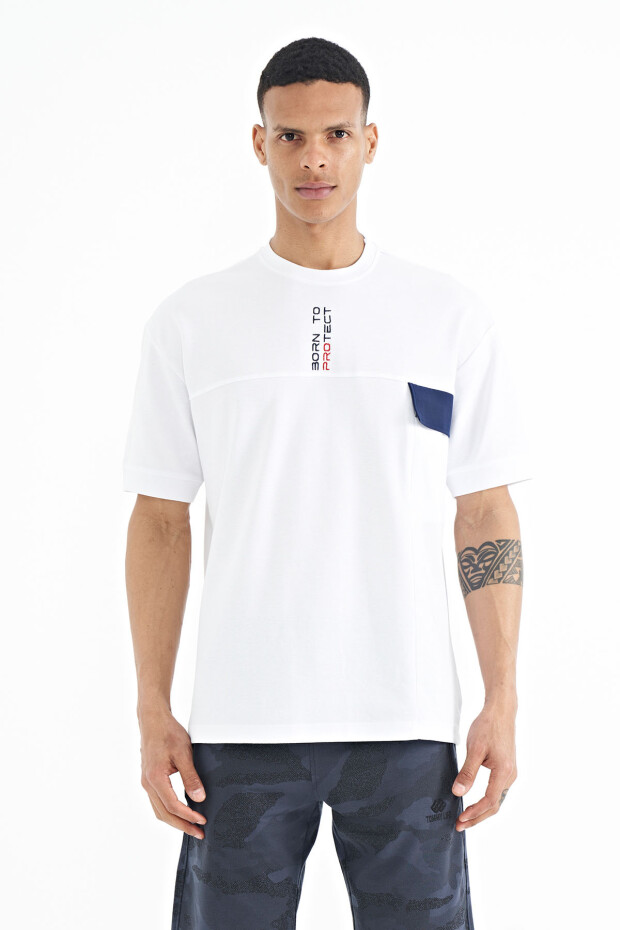 Beyaz Gizli Cep Detaylı Baskılı Oversize Erkek T-shirt - 88244