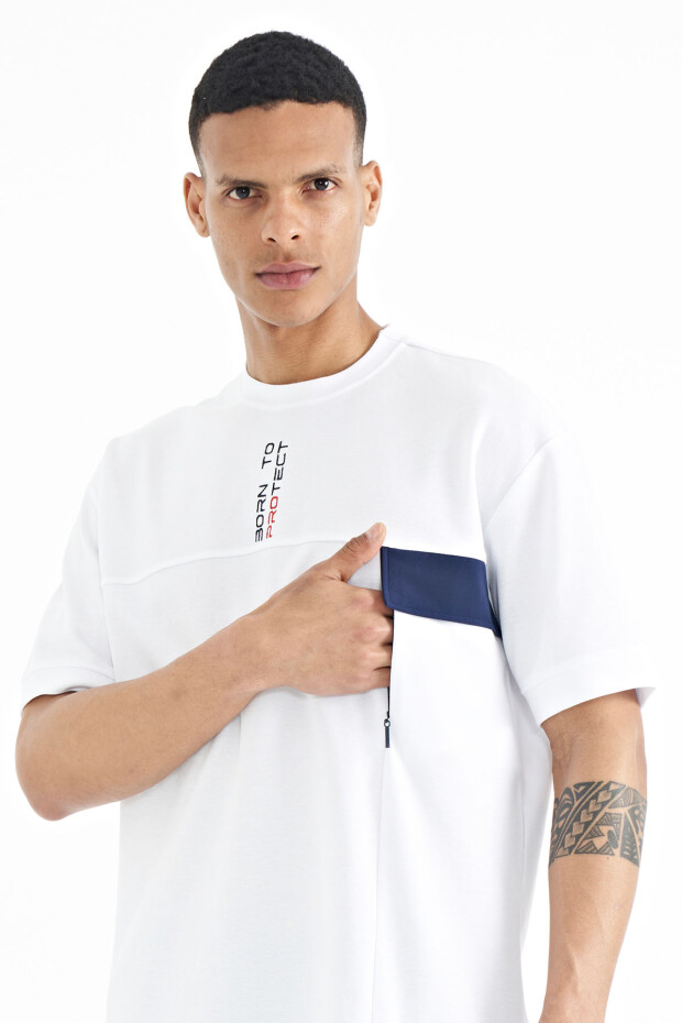 Beyaz Gizli Cep Detaylı Baskılı Oversize Erkek T-shirt - 88244