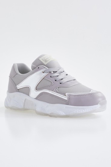 Beyaz - Gümüş Bağcıklı Yüksek Taban Günlük Kadın Spor Ayakkabı - 89072 - Thumbnail