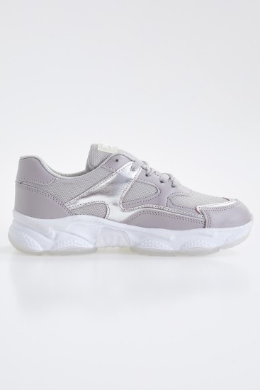 Beyaz - Gümüş Bağcıklı Yüksek Taban Günlük Kadın Spor Ayakkabı - 89072 - Thumbnail