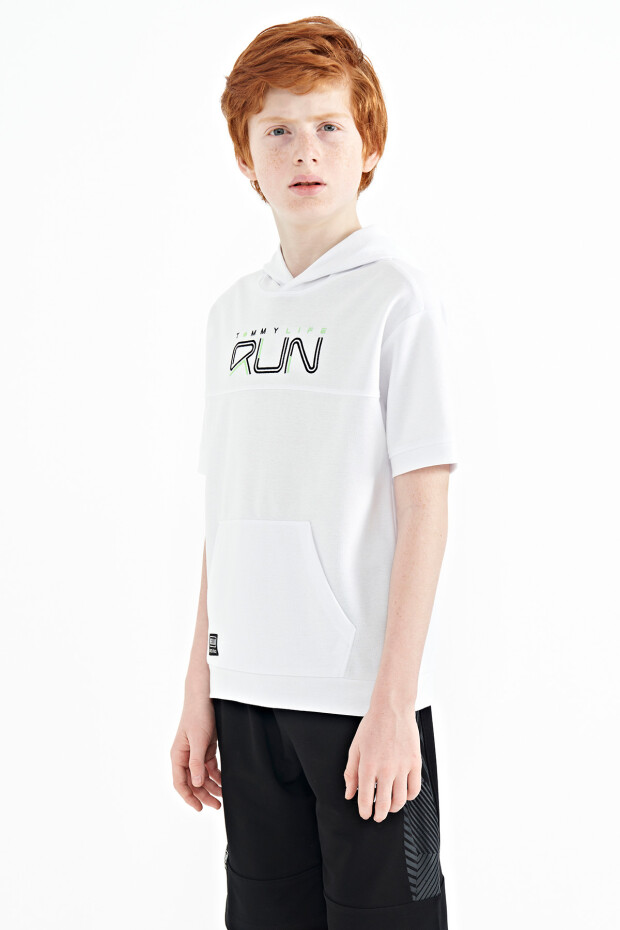 Beyaz Kanguru Cepli Kapüşonlu Oversize Erkek Çocuk T-Shirt - 11160