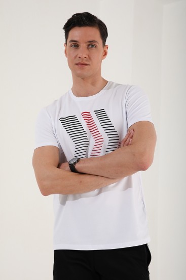 Beyaz Karışık Harf Rakam Baskılı Rahat Form O Yaka Erkek T-Shirt - 87960 - Thumbnail