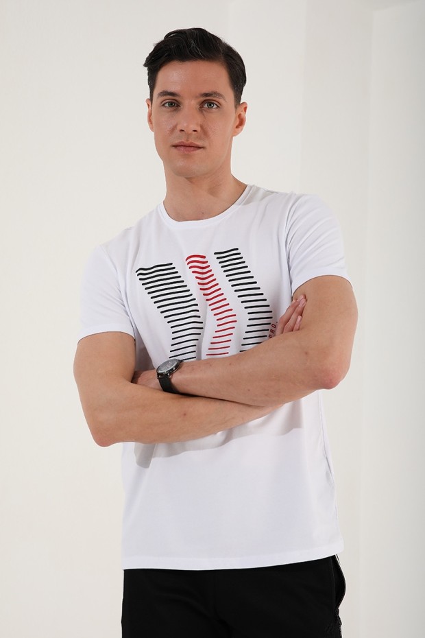 Beyaz Karışık Harf Rakam Baskılı Rahat Form O Yaka Erkek T-Shirt - 87960