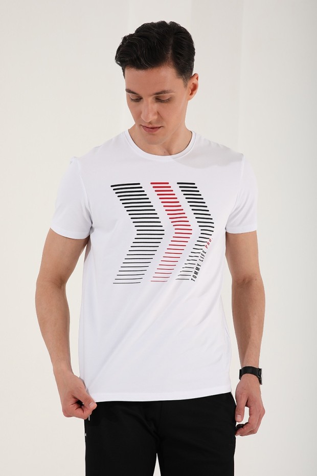 Beyaz Karışık Harf Rakam Baskılı Rahat Form O Yaka Erkek T-Shirt - 87960