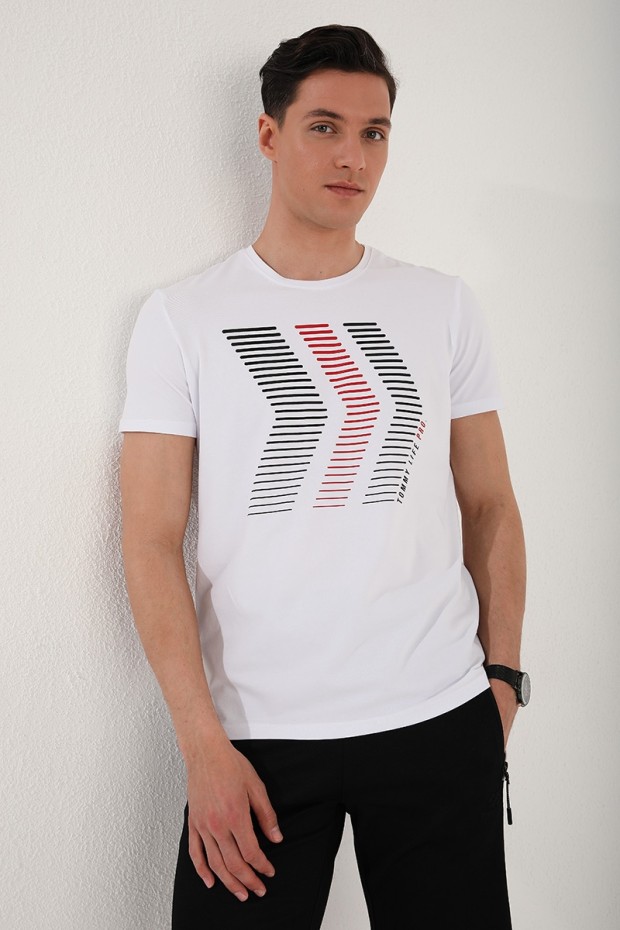 Beyaz Karışık Harf Rakam Baskılı Rahat Form O Yaka Erkek T-Shirt - 87960