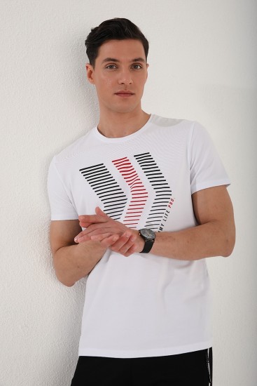 Beyaz Karışık Harf Rakam Baskılı Rahat Form O Yaka Erkek T-Shirt - 87960 - Thumbnail
