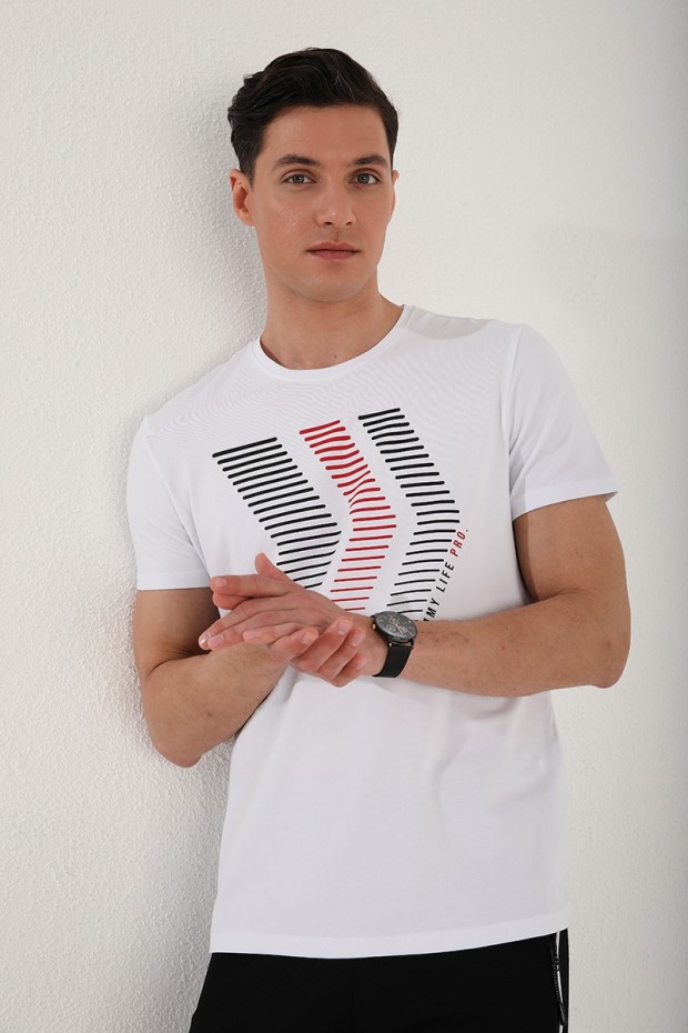 Beyaz Karışık Harf Rakam Baskılı Rahat Form O Yaka Erkek T-Shirt - 87960