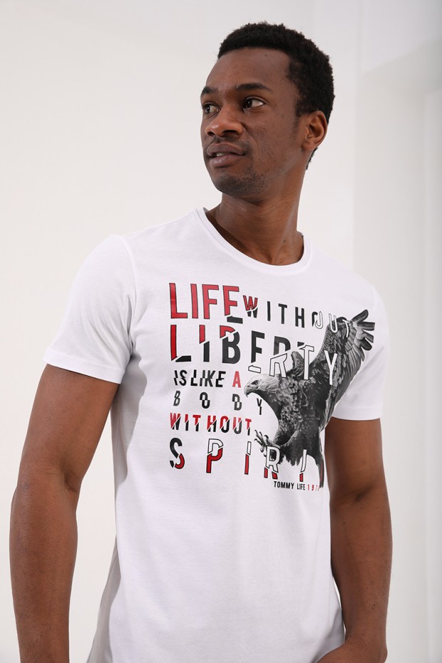 Beyaz Kartal Baskılı Standart Kalıp O Yaka Erkek T-Shirt - 87932