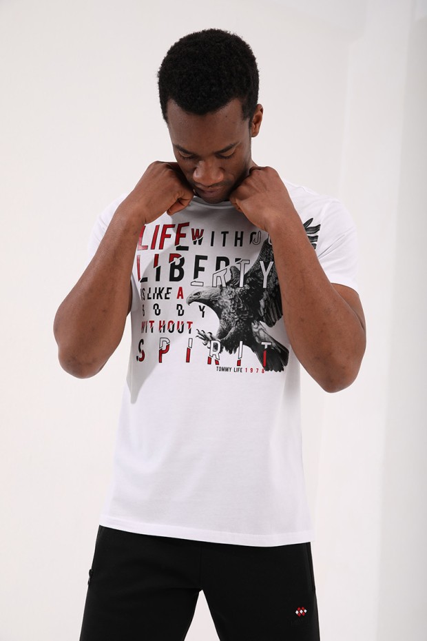 Beyaz Kartal Baskılı Standart Kalıp O Yaka Erkek T-Shirt - 87932