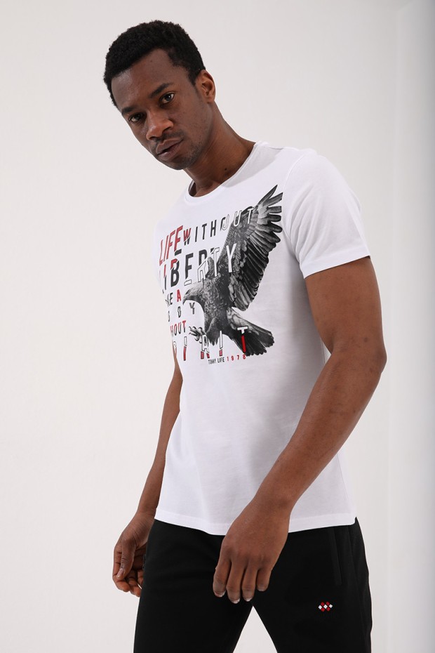 Beyaz Kartal Baskılı Standart Kalıp O Yaka Erkek T-Shirt - 87932