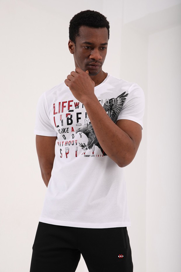 Beyaz Kartal Baskılı Standart Kalıp O Yaka Erkek T-Shirt - 87932