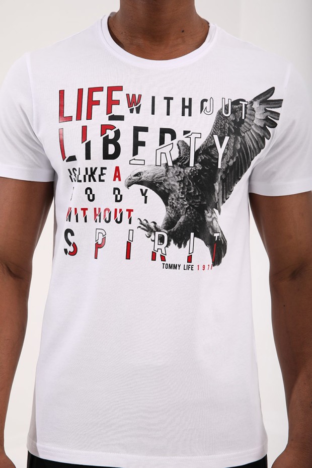 Beyaz Kartal Baskılı Standart Kalıp O Yaka Erkek T-Shirt - 87932