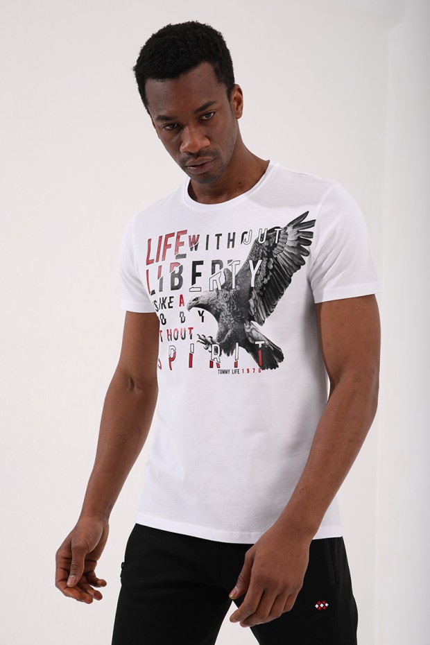 Beyaz Kartal Baskılı Standart Kalıp O Yaka Erkek T-Shirt - 87932