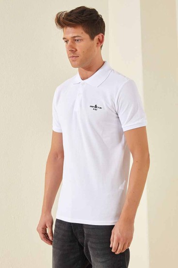 Beyaz Klasik Kısa Kol Standart Kalıp Polo Yaka Erkek T-Shirt - 87787 - Thumbnail