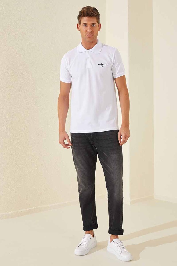 Beyaz Klasik Kısa Kol Standart Kalıp Polo Yaka Erkek T-Shirt - 87787