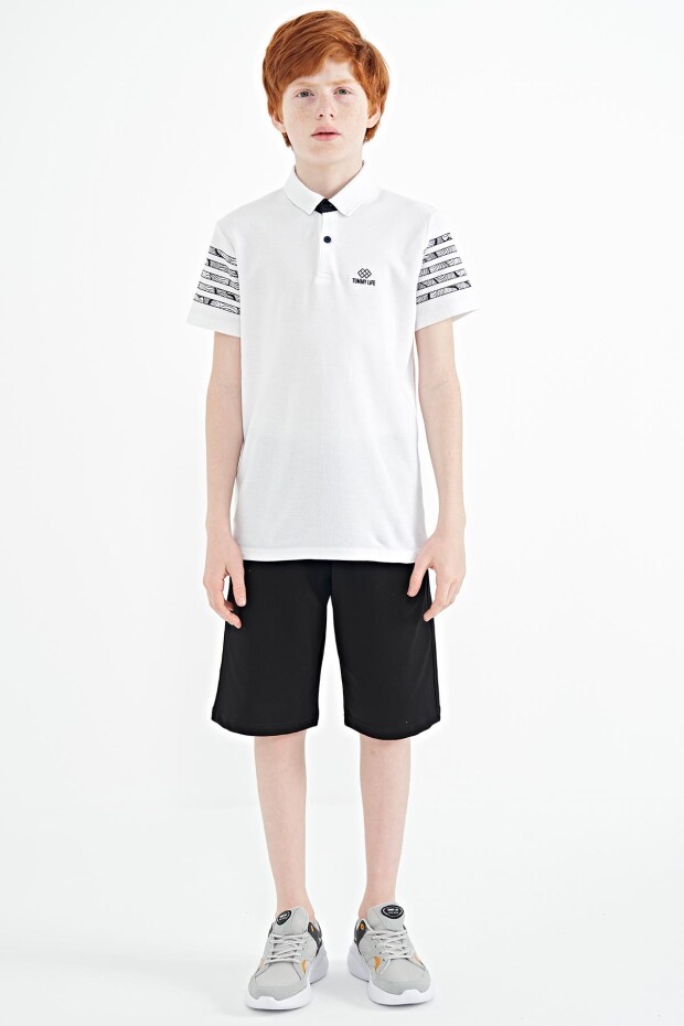 Beyaz Kol Baskı Detaylı Standart Kalıp Polo Yaka Erkek Çocuk T-Shirt - 11093