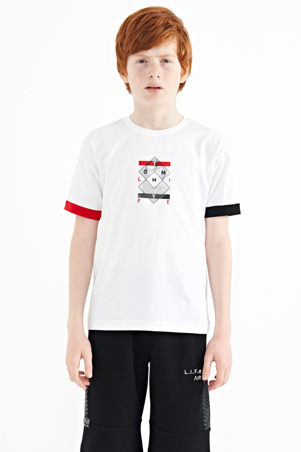 Beyaz Kol Ucu Renkli Detaylı Baskılı Oversize Erkek Çocuk T-Shirt - 11137