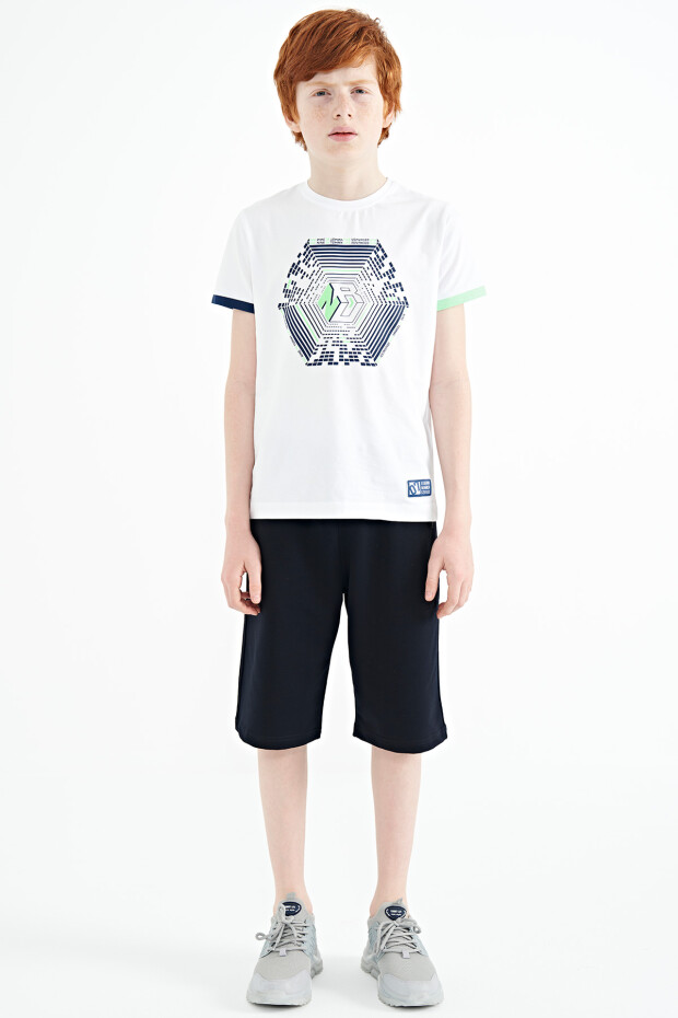 Beyaz Kol Ucu Renkli Detaylı Baskılı Standart Kalıp Erkek Çocuk T-Shirt - 11156