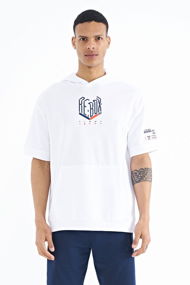 Beyaz Kol ve Ön Baskılı Kapüşonlu Oversize Erkek T-shirt - 88194